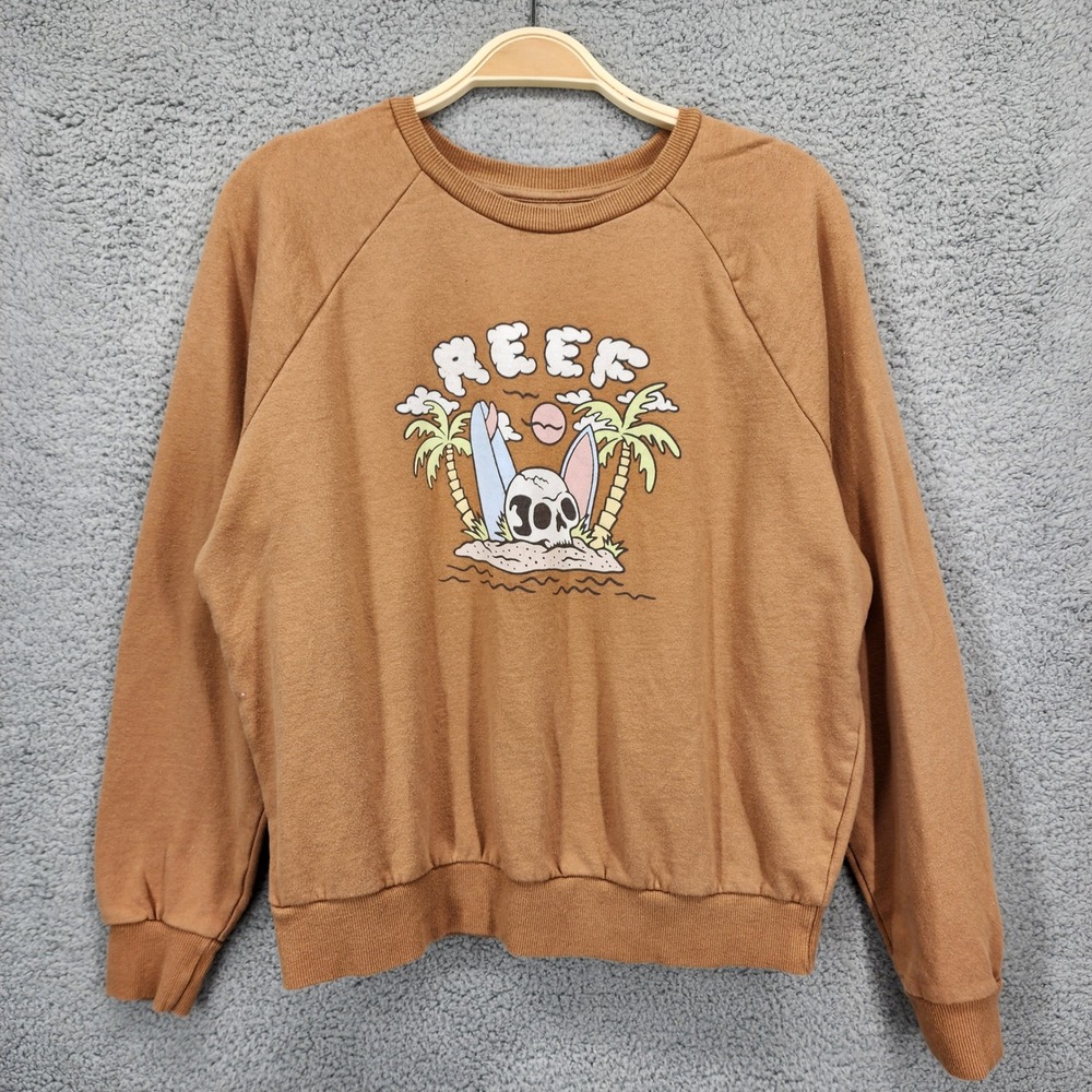 Reef Crewneck Sweatshirt Medium Brown Skull Surf‎ Palm Graphic Pullover Top